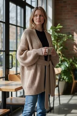 Zara Cream Beige Ribbed Knit Tie Waist Oversized Wrap Sweater Size Medium